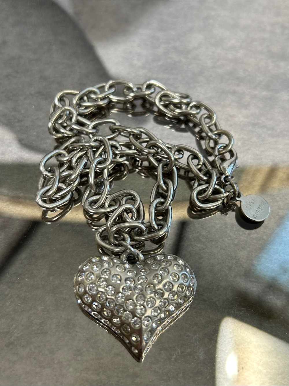 Sisi Amber Chunky Crystal Silver Heart Charm Necklace - Polished Silver Tone